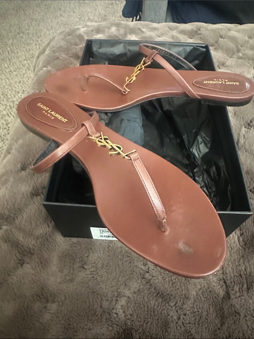 Saint Laurent Brown Leather Thong Sandals with Gold YSL Accent - Picture 1 of 4